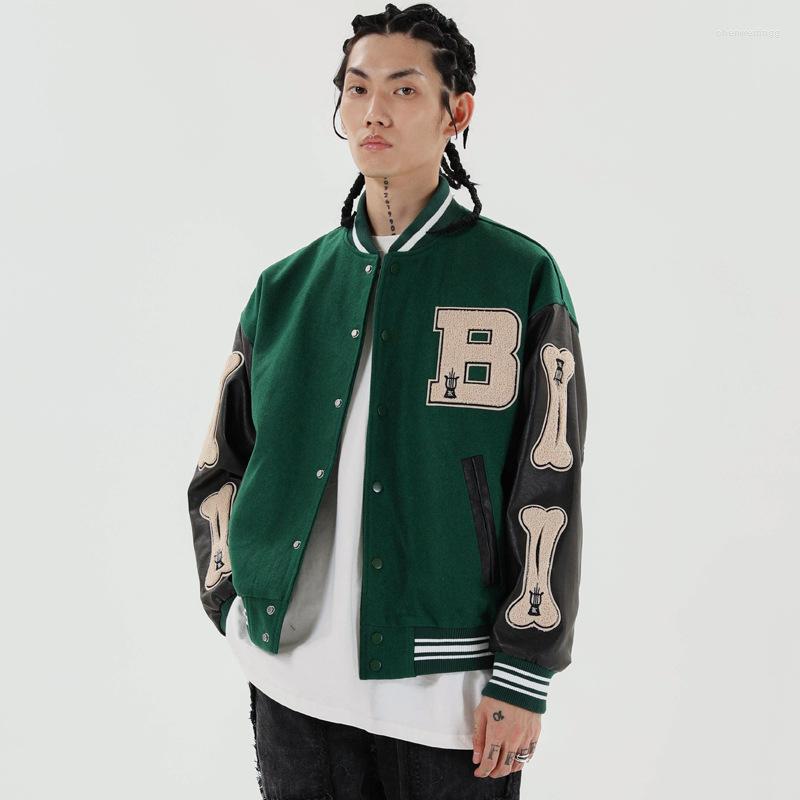 

Men's Jackets KCOORS Furry Bone Letter Patch Color Block Patchwork 3 Optional Harajuku College Style Bomber Jacket Men Baseball Coats, Black