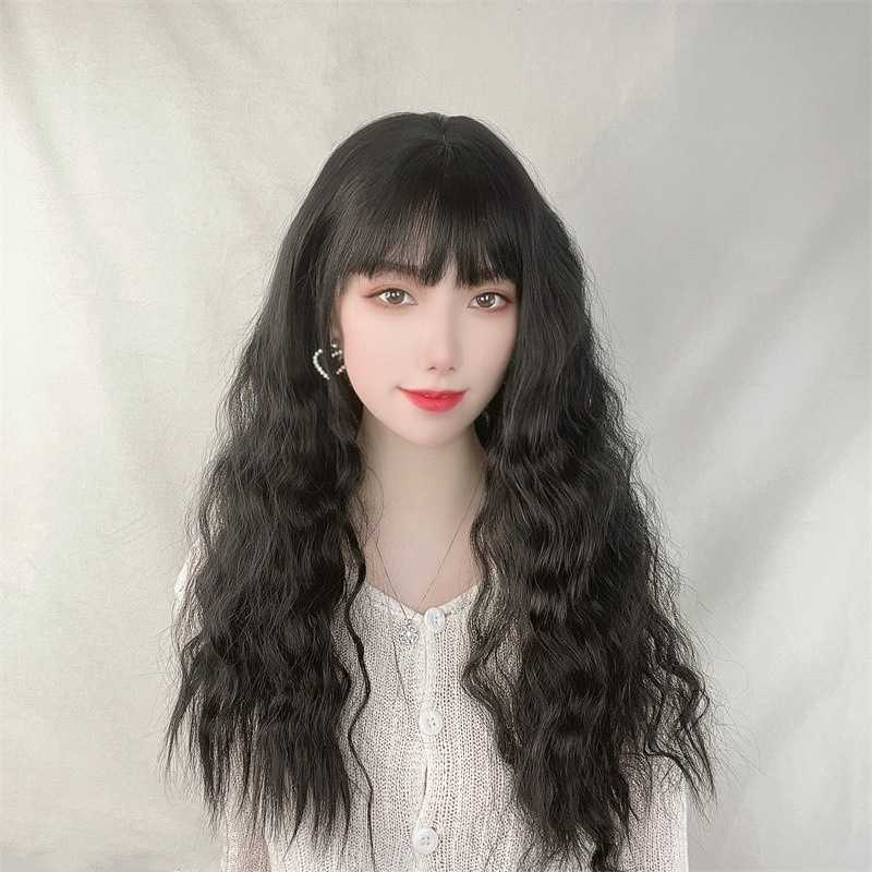 

Women's Hair Wigs Lace Synthetic Corn Perm Wig Long Curly Water Corrugated Chemical Fiber Hair Whole Head Set Female Spell Duoduo Taobao Merchant, Black
