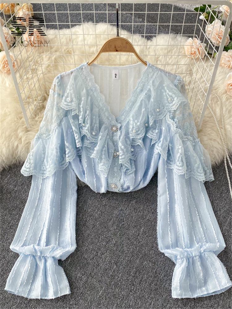 

Women's Blouses SINGREINY Women V Neck Lace Chiffon Blouse Summer Flare Long Sleeves Button Chic Sweet French Ladies Design Loose OL Top, Blue