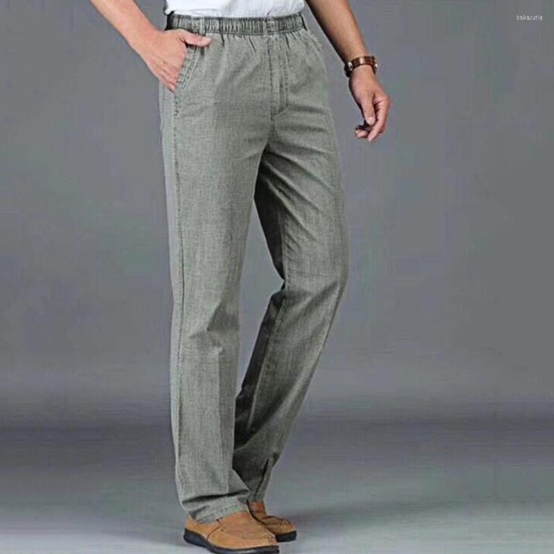 

Men's Pants Classic Men Comfy Summer Trousers High Waist Elastic Straight Thin Solid Color, Beige