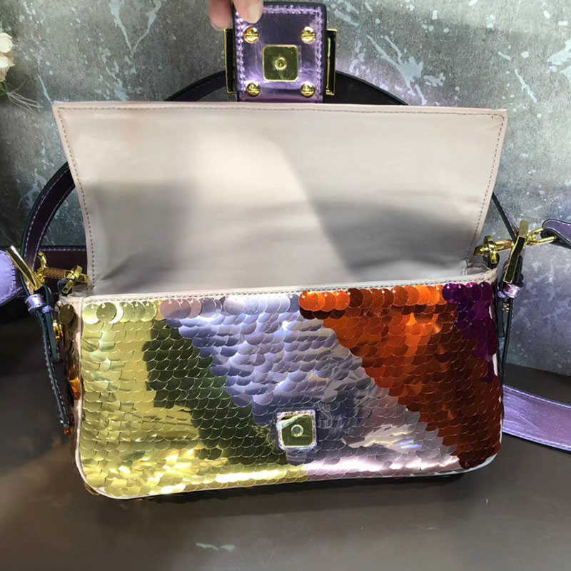 

Shoulder Evening Bags Gradient Underarm Baguette Clutch Bag Sequins Crossbody Genuine Leather Diagonal Stripe Pattern Retro Gold Letter Hasp Hardware, Color1