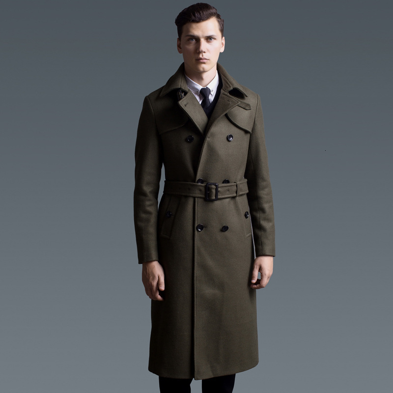 

Men's Wool Blends Male Long Wool Coats British Fashion Classic Luxury Woolen Jackets Men Double Breasted Overcoat Casual Slim Vintage Trench Coat 221014, Army green