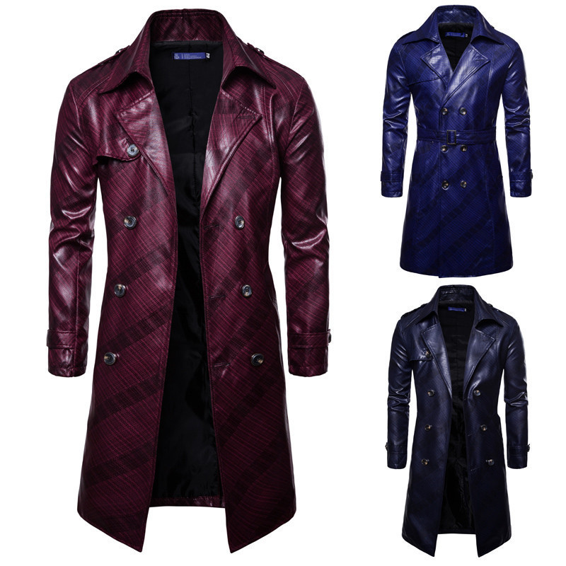 

Men's Jackets Men Long Trench Coat Fashion Slim Fit PU Leather Long Overcoat Double Breasted Autumn Winter British Male Coat Trench 221014, Black b