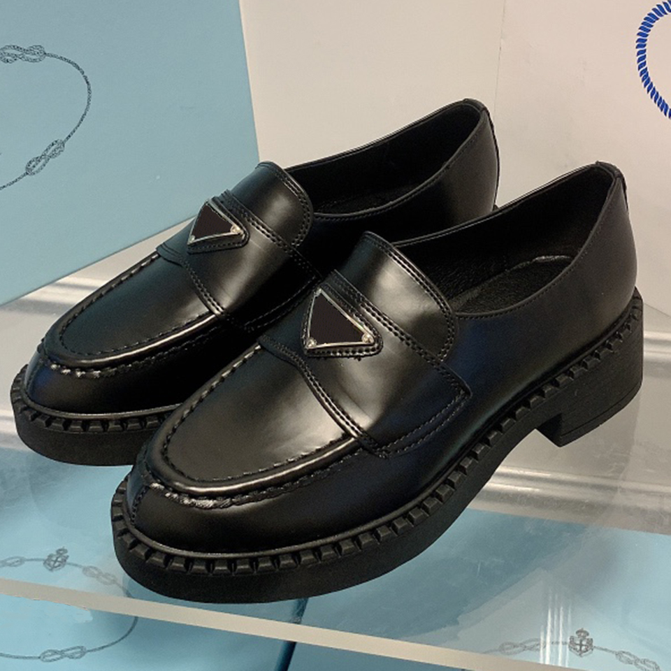 

Womens chocolate leather loafers luxury designer shoes triangle logo black dress shoes, Matte black