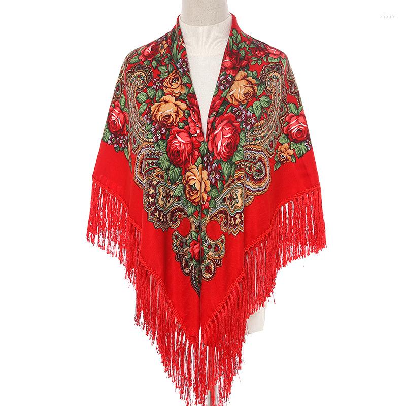 

Scarves 135 135cm Women Russian Square Scarf Ethnic Style Fringed Luxury Floral Print Handkerchief Blanket Shawl Hijab Head Wrap
