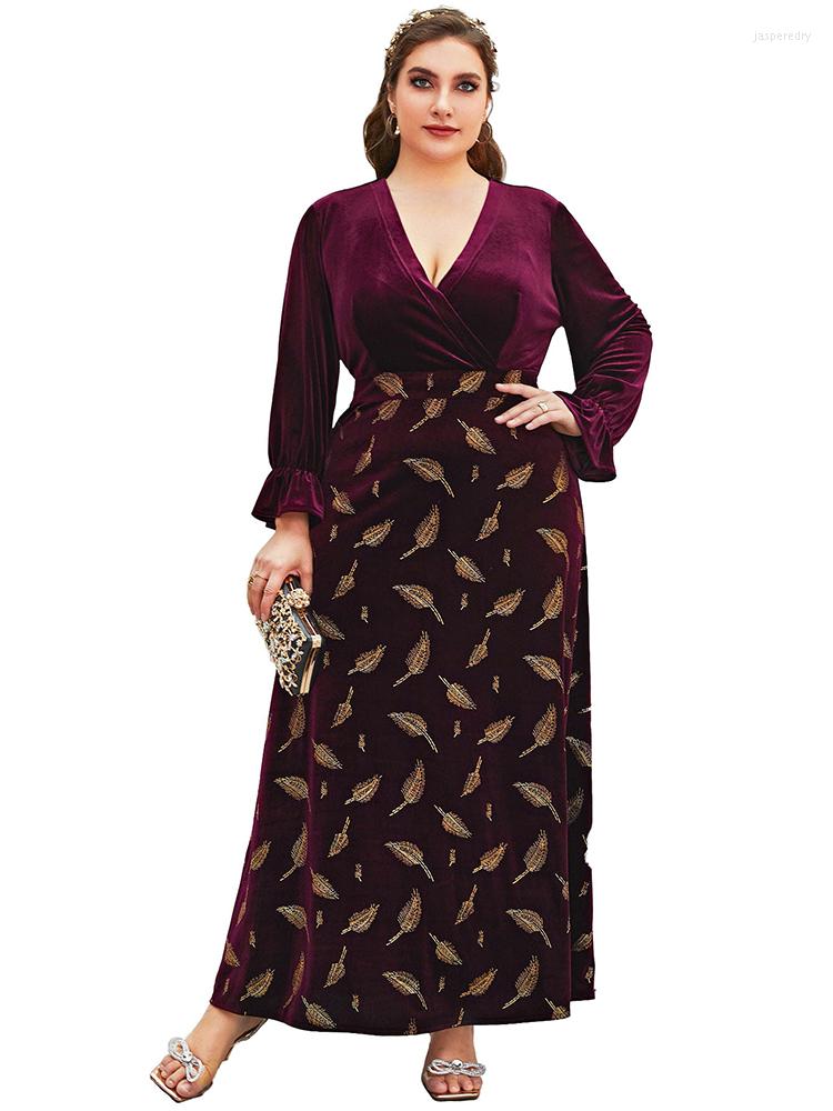 

Plus Size Dresses 4XL Velvet Women V Neck High Waist Robe Autumn Fashion Print Vintage Velour Oversize Party Long Maxi Dress, Burgundy