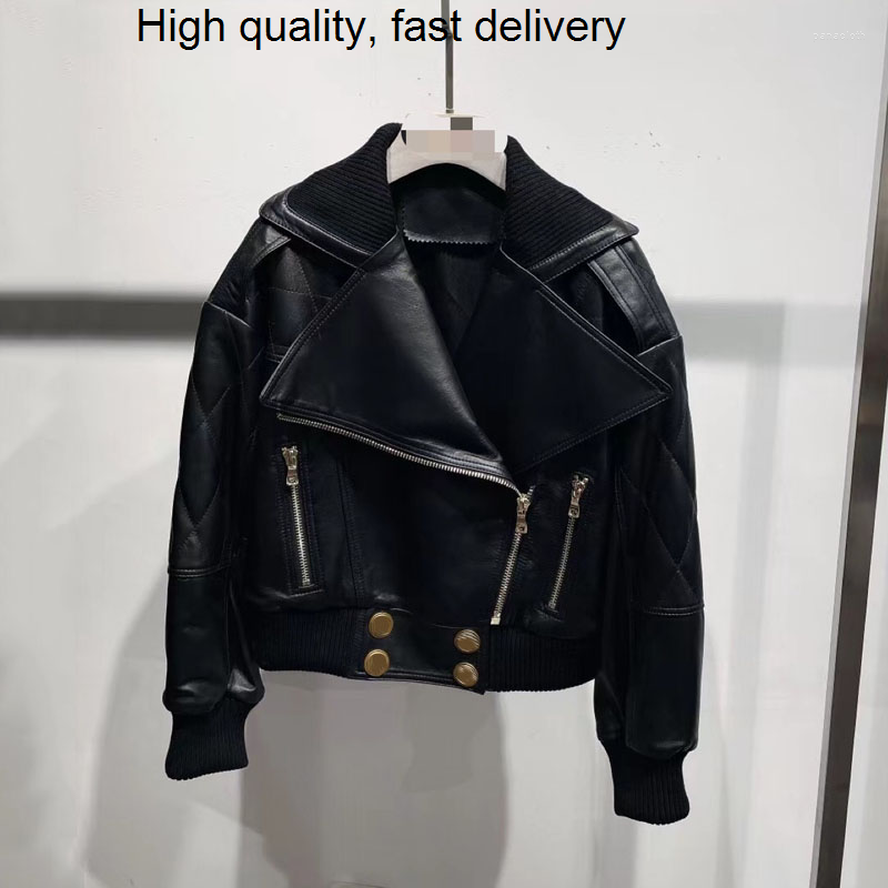 

Women' Leather Spring Women Coat Short Length European Size -XL Genuine Jacket Large Collar Outerwear Casual Style Button Decoration