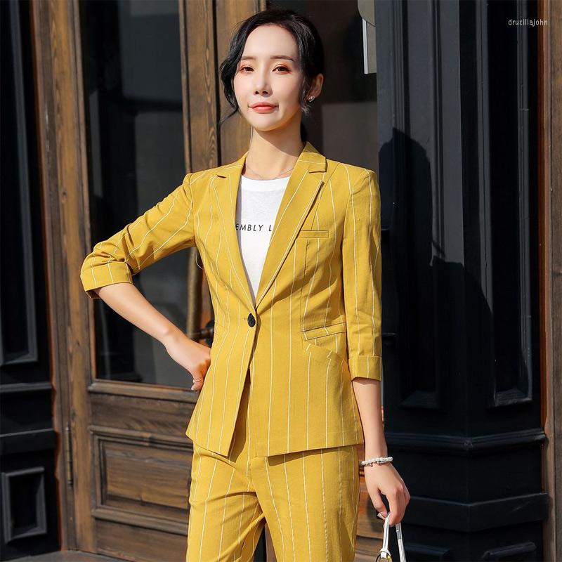 

Women' Two Piece Pants IZICFLY Style Striped Yellow Blazer Set Business Office Pant And Jacket Summer OL 2 Outfits For Women Work Wear, Yellow coat nd pant