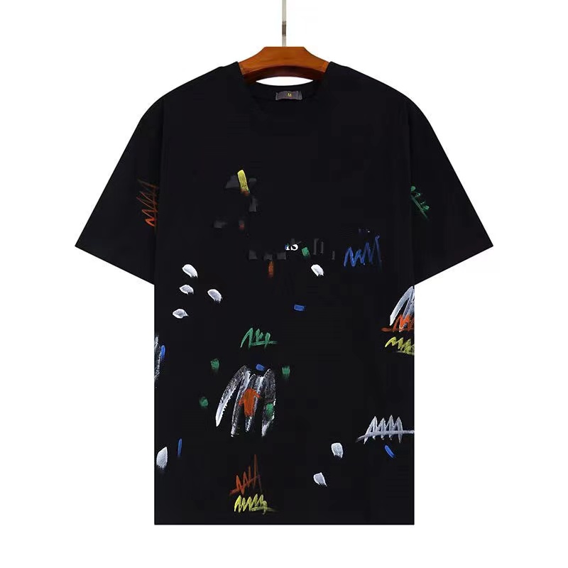 

Mens and Women t Shirt Lanvins Gal Joint 100% Cotton Hand-painted Ink Splash Graffiti Letters Loose Short-sleeved Round Neck t Shirts1, Beige