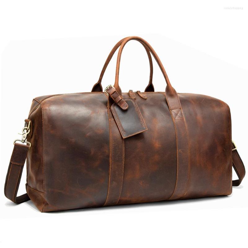 

Duffel Bags Vintage Men's Hand Luggage Bag Travel Crazy Horse Genuine Leather Duffle Large Shoulder Messenger For Laptop, Brown