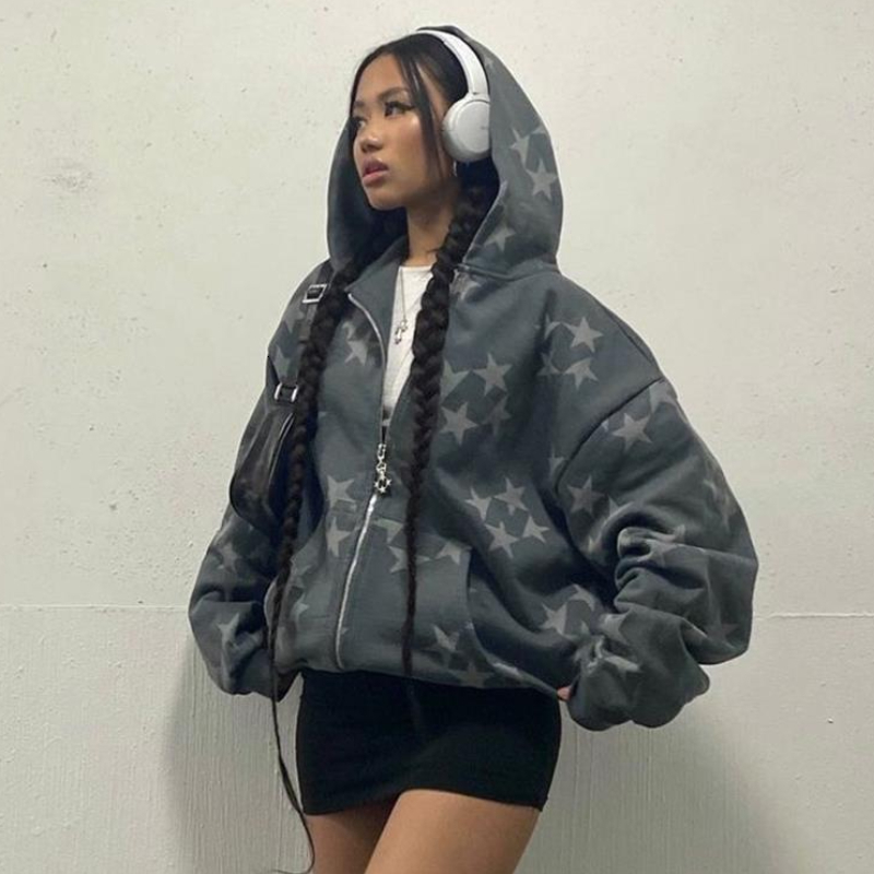

Women' Hoodies Sweatshirts Vintage Star Graphic Jacket Y2K Oversized Long Sleeve Sweatshirt Streetwear Fashion Harajuku Print Pocket Zipper Hoodie 221114, Ea00513-black