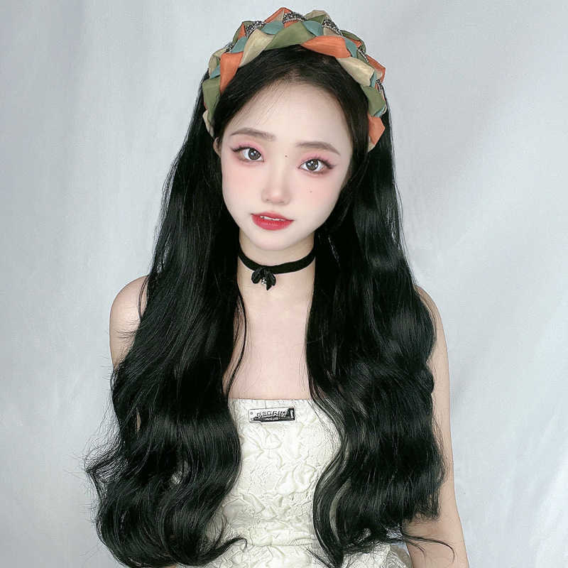 

Women's Hair Wigs Lace Synthetic Live Broadcast Half Piece Female Long Straight Imitation Hair Invisible Hairband Wig Head Cover, Black