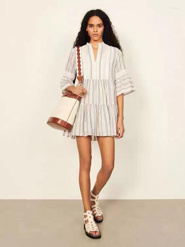 

Party Dresses 2022 Summer  French Stripe Print Ruffle Dress Casual V-neck High Waist Mini Fashion Ladies Loose Boho Style Robe Skirt, Picture shown