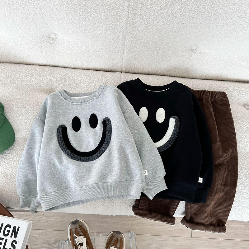 

snpbabay Polar fleece kid's Pullover all-in-one 2022 new trendy handsome children's clothing autumn and winter smiling face children winter tops, Black