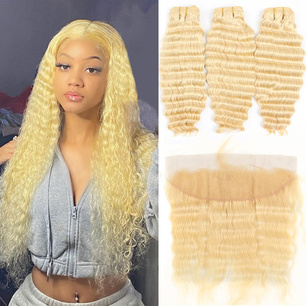 

Elibess Brazilian Hair deep wave Human Hair Bundles Extensions 3pcs with Lace Frontal Closure 613 Blonde Color Weft Weave for Women All Ages