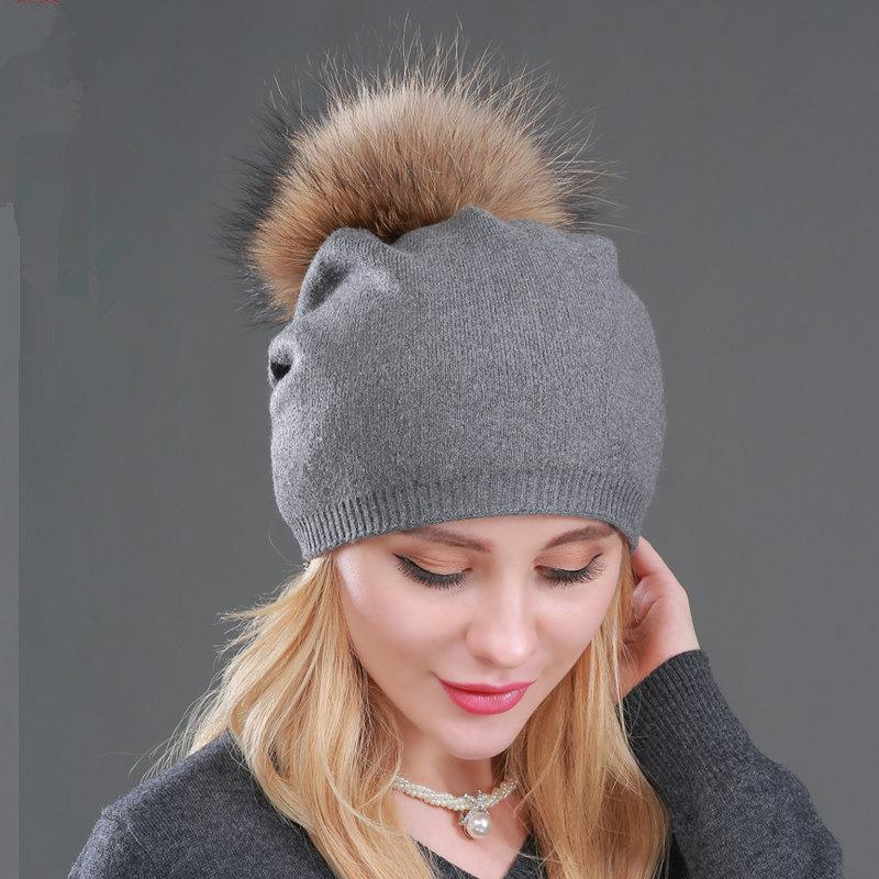

Beanie/Skull Caps Winter Women Real Fur Pom Hats Wool Knitted Thick Warm Lined Beanies Hat, Light gray