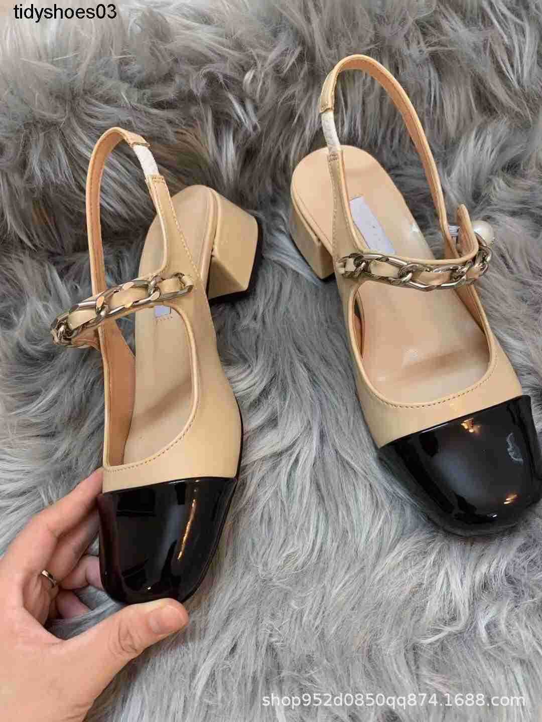

2021 summer new Miu Women Designers Rois with pearl chain and thick heeled Mary Jane shoes Size 34-40, White