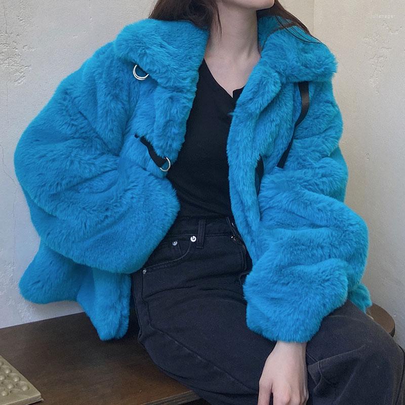 

Women' Fur Young Style Streetwear Women Fluffy Overcoat 2022 Autumn Winter Thicken Faux Hair Jacket Coat Blue Three Buttons