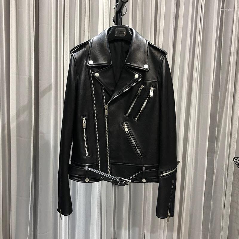 

Women' Leather Women Coats Sheepskin Genuine 2023 Fashion Natural Motorcycle Jacket Full Sleeves, Black