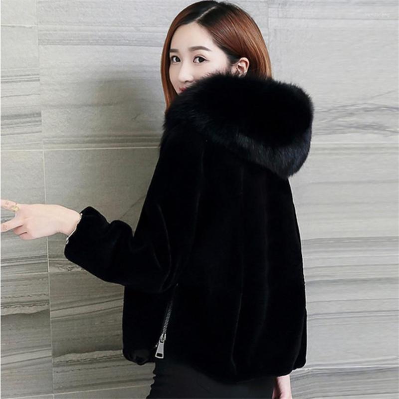 

Women' Fur Women Faux Rex Short Big Size Slim Female Fake Lady Winter Hooded Coat Casual Party Jacket W1027, Black