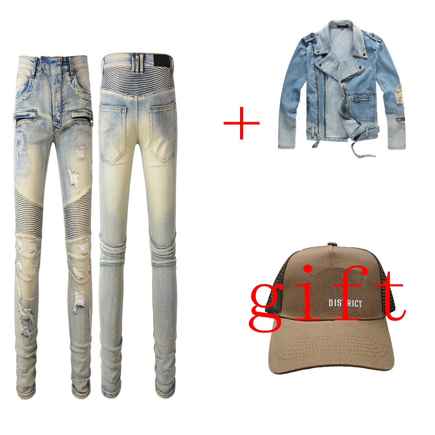 

Hot pants jacket European and American jeans designer ripped jeans hip hop high street fashion jean Outerwear Denim man jackets Black Blue Casual hoodie size 29-38