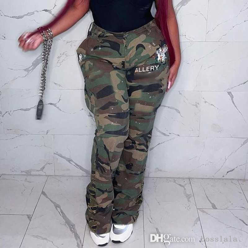 

Womens Wear Horn Pants 2022 Autumn And Winter New Fashion Splicing Print Camo Pocket Workwear, Green