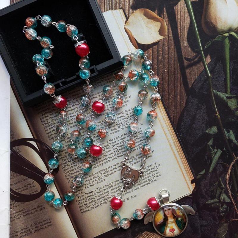 

Pendant Necklaces Dreamy Colorful Beads Chain Prayer Chaplet Catholic Cross Rosary Necklace Virgin Mary Religious Church Jewelry 9 Styles
