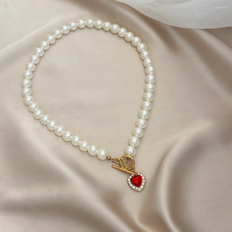 

Pendant Necklaces French Pearl Necklace For Women Red Glass Heart Full Of Rhinestones OT Buckle Clavicle Chain Trendy Wedding Jewelry Gift