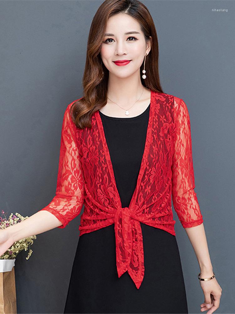 

Women's Knits Korean Women Shrug Summer Tops Ladies Half Sleeve Cropped Lace Formal Evening Party Elegant Slim Woman Clothes Open Front Coat, Rose