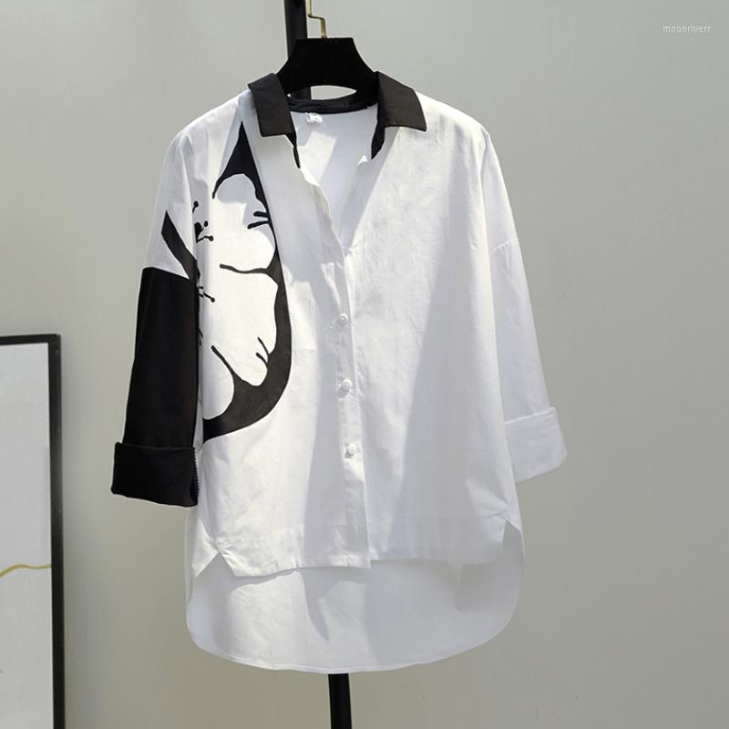 

Women's Blouses Cotton Linen White And Black Women Shirts Vintage 2022 Turn-Down Collar Loose Casual All Match Female Outwear Coats Tops