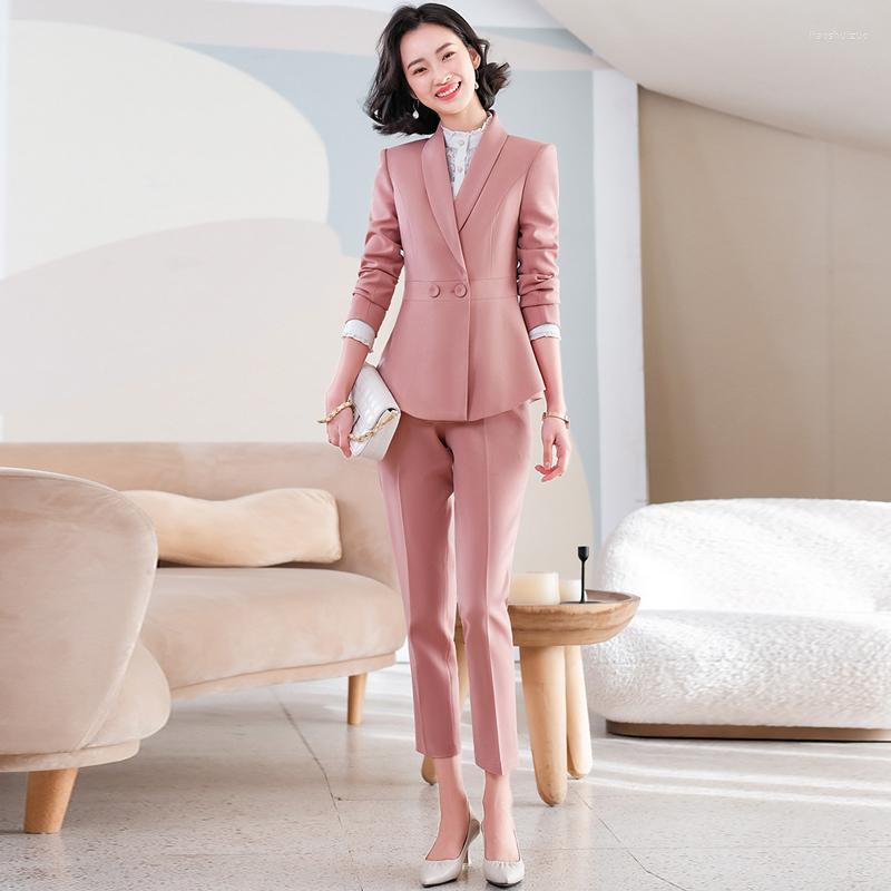 

Women's Two Piece Pants High-end Professional Women's Suit Work Clothes Spring Autumn 2022 Double Breasted Elegant Ladies Blazer Casual, Pink jacket pants