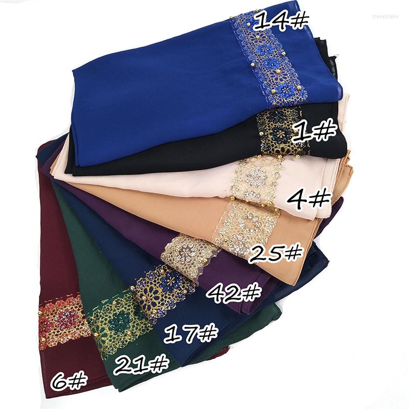 

Scarves 180 75cm Chiffon Hijab Scarf With Pearls Beads Woman Musulman Long Shawls Islamic Headscarf Muslim Embroidery Hijabs