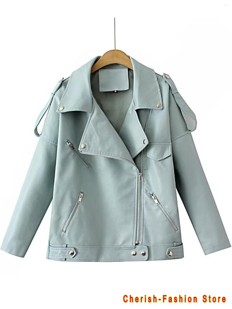 

Women' Leather Faux Jacket Women Casual PU Loose Motorcycle Jackets Female Streetwear Oversized Coat Korean Chic Spring Blue Green, W2005 green