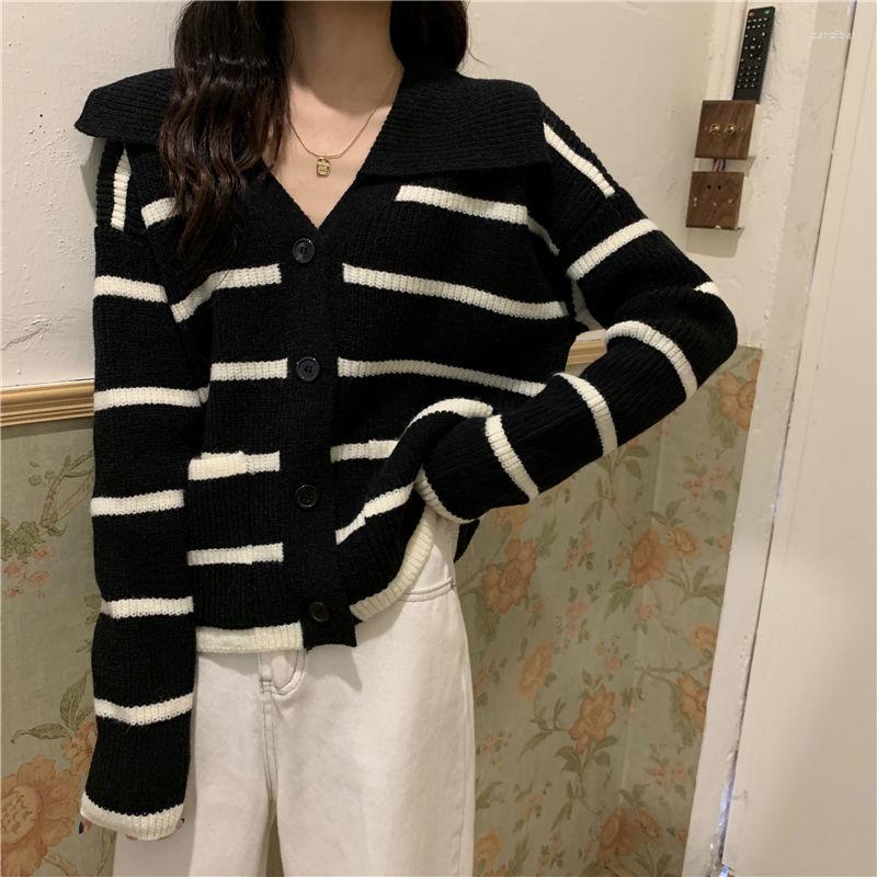 

Women' Sweaters Striped Single-Breasted Knitted Loose Long Sleeve Jacket, Black