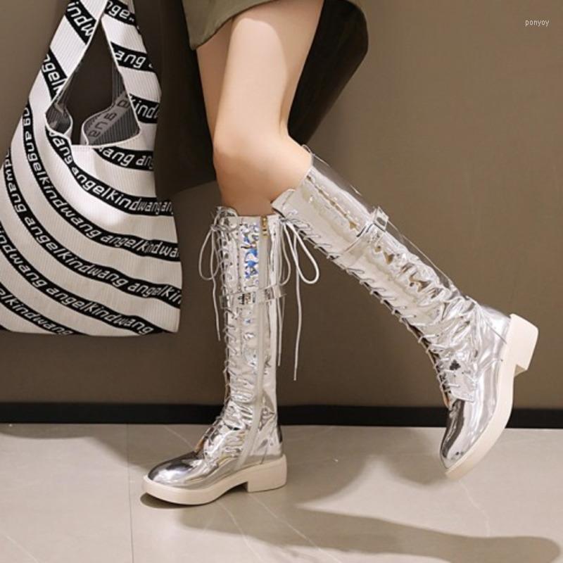 

Boots Women Knee High Low Heels Lace-up Silver White Punk Knight Female Casual Comfortable Zip Shoes, Black