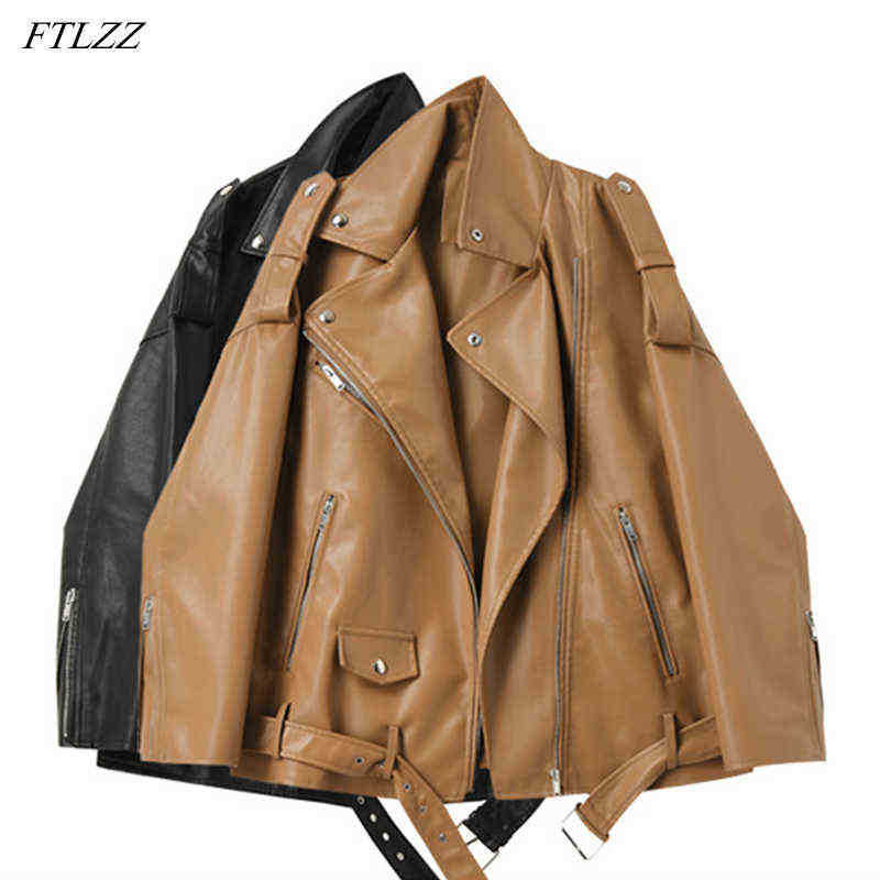 

Ftlzz Spring Autumn Faux Leather Jackets Women Loose Casual Jacket Female Drop Shoulder Motorcycles Locomotive Runner With Belt J220727, Caramel