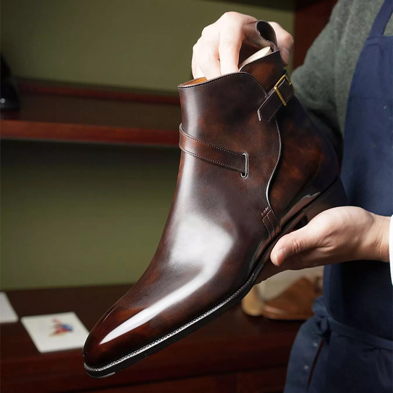 

Boots Men Brown Black Business Buckle Strap Pu Leather Handmade Shoes for with Botas Hombre 221114