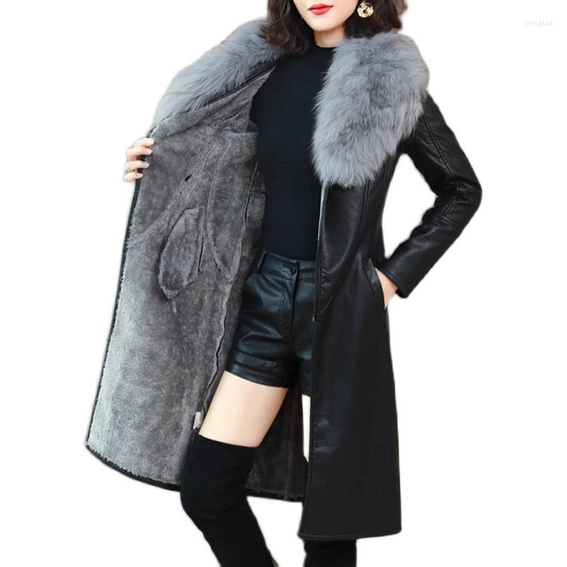 

Women's Leather Black Winter Coats Big Collar Long Slim PU Jacket Women 2022 Plush Thick Warm Korean Fashion Tops Famale Clothing, Army green
