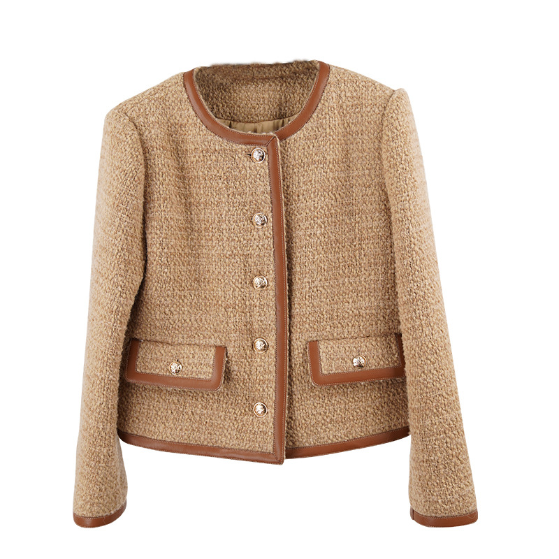 

2022 Autumn Khaki Solid Color Contrast Trim Tweed Jacket Long Sleeve Round Neck Buttons Single-Breasted Wool Jackets Coat Short Outwear A2N086411