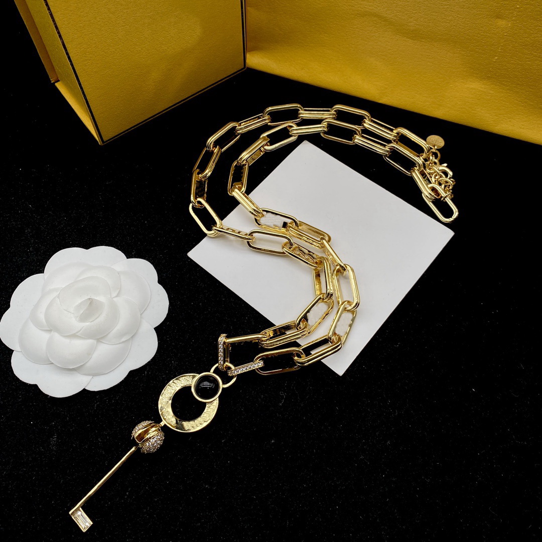 

Micro Inlays Crystal Embellishment Necklace Earrings key Pendant Women Engraved F Initials Letter Settings 18K Gold Designer Jewelry Birthday Festive Gifts FS9 --02, Golden