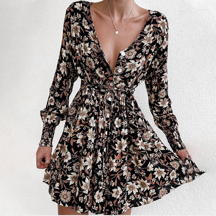

Casual Dresses Wsevypo Autumn Vintage Flowers Short A-Line Dress Women Long Sleeve V-Neck Button Mini High Waist Lace-up Clothes, Multi