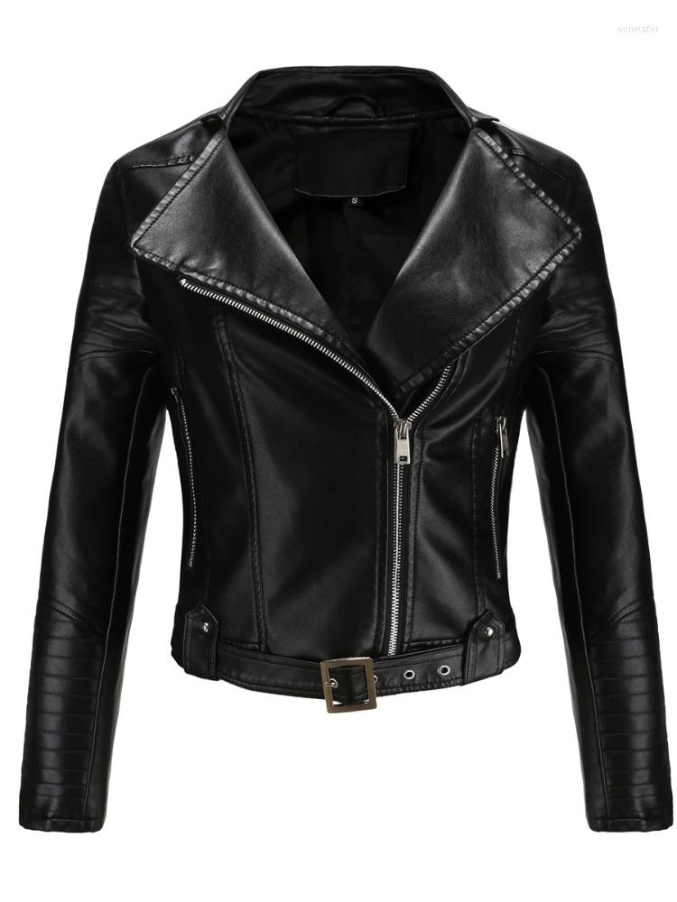 

Women' Leather Spring Autumn Motorcycle Pu Coat Women Fashion Lapel Zipper Faux Jacket With Belt Lady Slim Short Outwear, Black
