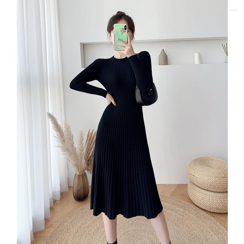 

Casual Dresses Black Color Long Sleeve Autumn Winter Dress For Women Mid-calf Knitting Korean Fashion A-line Half High Collar