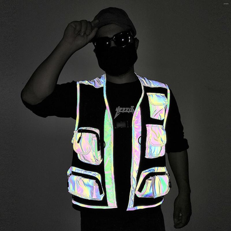 

Men' Tank Tops Men' Holographic Reflective Colorful Rainbow Vest Unique Multi-Pocket Function Waistcoat, Black