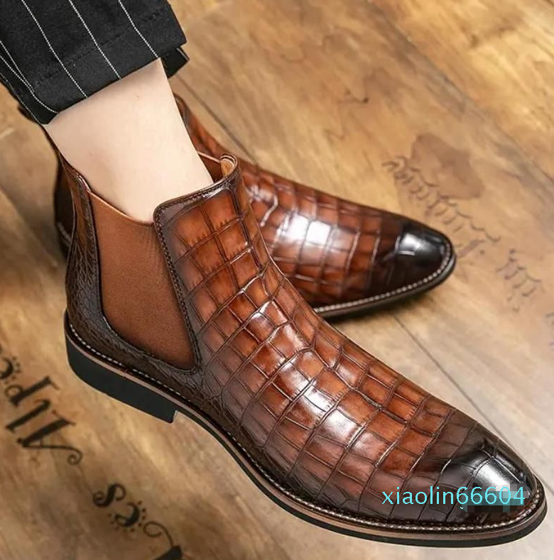 

Chelsea Boots Men Shoes PU Solid Color Classic Business Casual Fashion All-match Crocodile Pattern One-foot Ankle, Black
