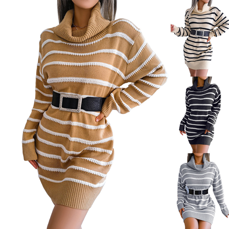 

New dresses for woman Autumn and winter casual high-collar skims womens designer clothing striped long sleeve sweater elegant dress Retail and Wholesale, Grey