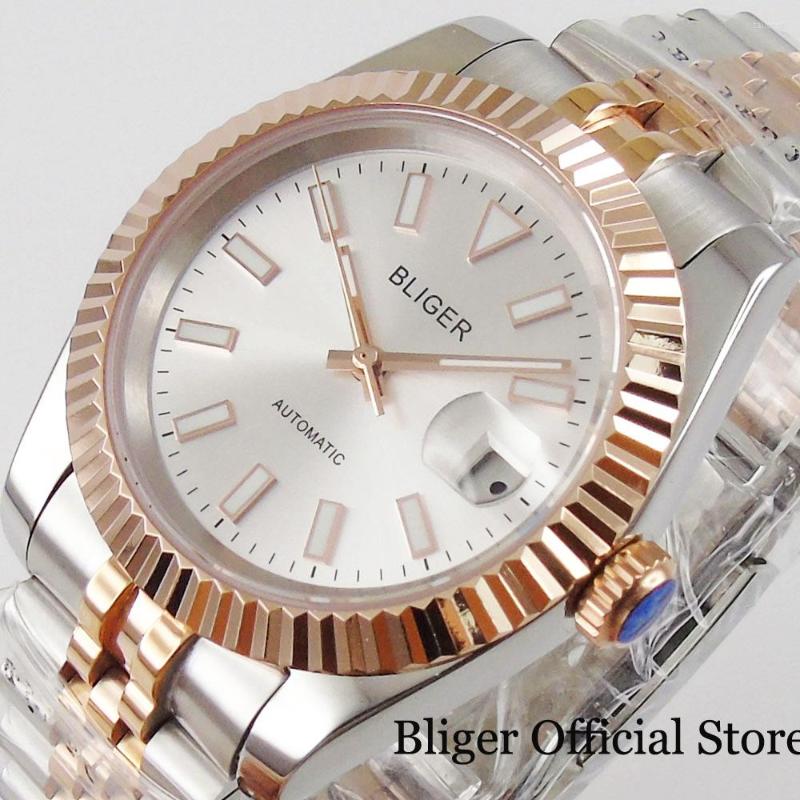 

Wristwatches Luxury Automatic Men Watch Sapphire Glass 21 Jewels MIYOTA 8215 Jubilee Band Mental Back Screw Crown Polished Case, Bliger logo