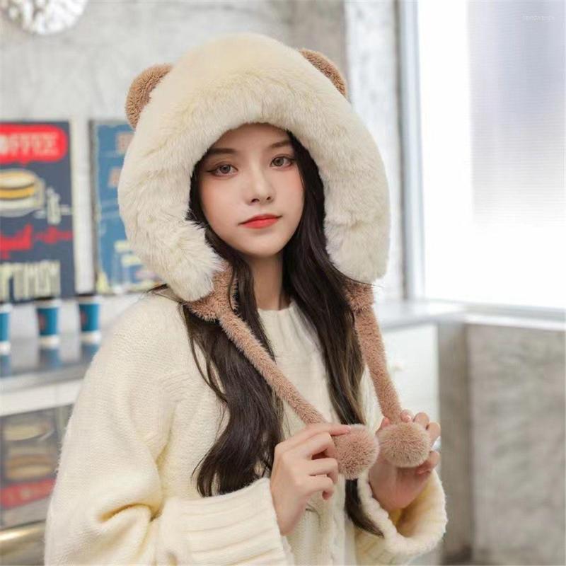 

Berets Women's Winter Hat 2022Fashion Solid Beanies Cute Bear Ears Warm With Pom Poms Cap Earflap Lamb Hair Female Present, Knitted headband-