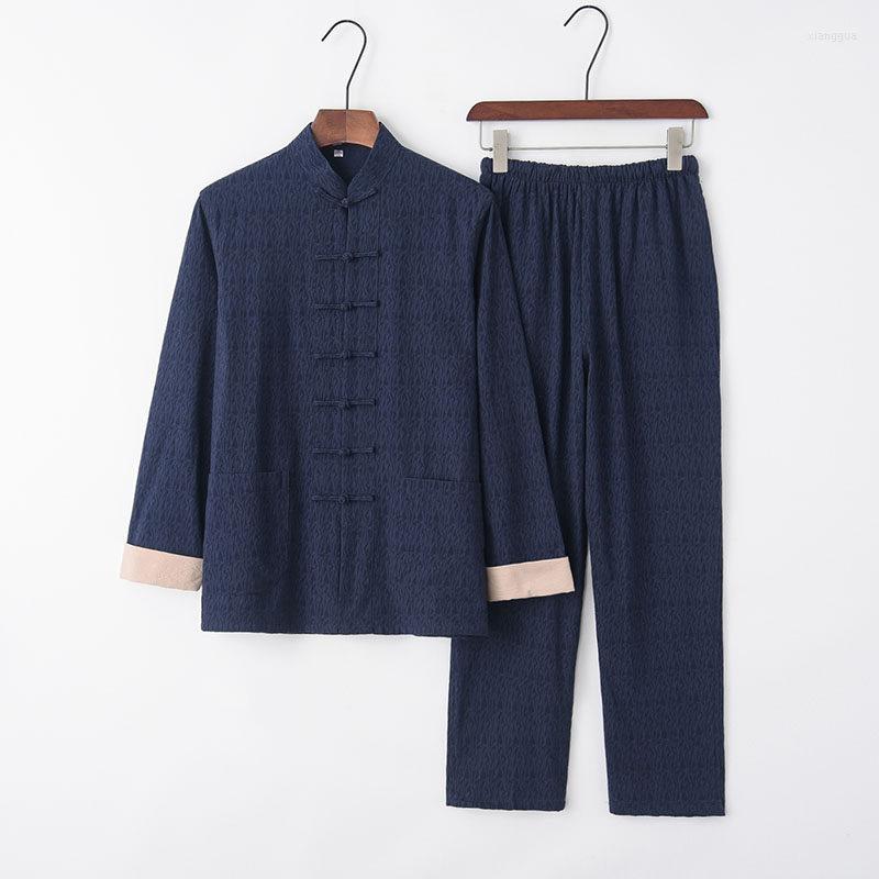 

Ethnic Clothing Plus Size Chinese Traditional Clothes Tang Suit Vintage Men Long Sleeve Shirt Trousers Loungewear Set Loose Cotton