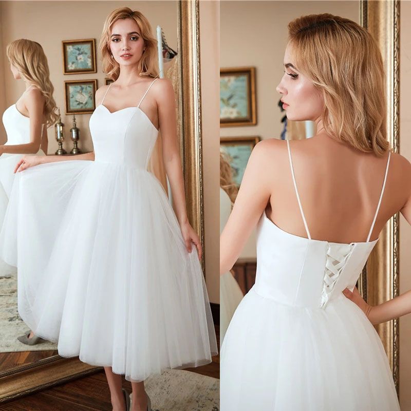 

2023 Simple Beach Short Wedding Dresses Bridal Gown Spaghetti Straps A Line Corset Back Tullle Tea Length Plus Size Custom Made Garden vestido de novia, Ivory